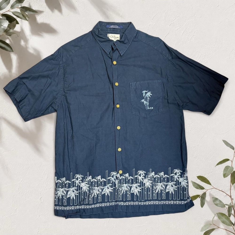 Vintage Tommy Hilfiger Surf Co Navy Blue Bamboo Hawaiian Shirt Mens Size L
